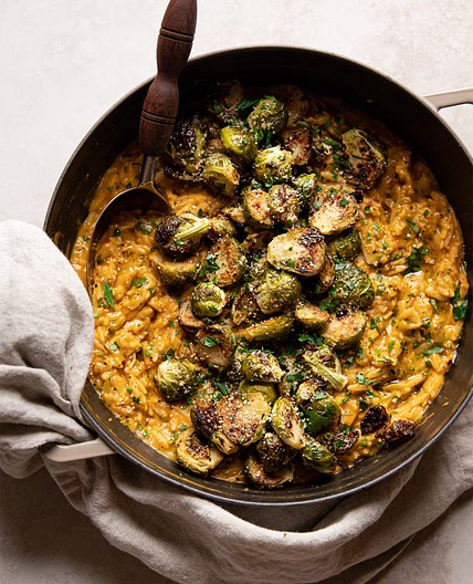 CREAMY BUTTERNUT ORZO WITH CRISPY MISO MUSTARD BRUSSELS SPROUTS