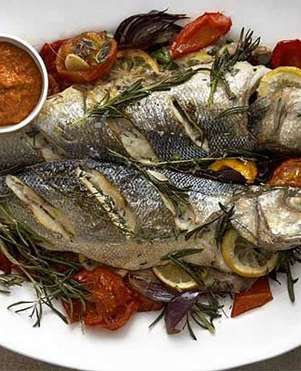 Baked sea bass with romesco sauce