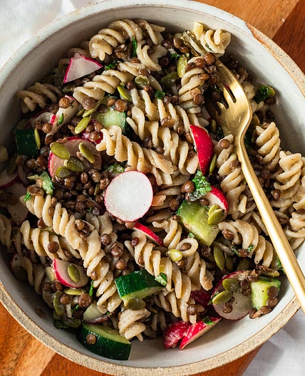 Vegan Lentil Pasta Salad with Radishes (High Protein)