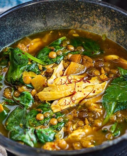 Moroccan Chicken Lentil Soup with Spinach, and Preserved Lemon