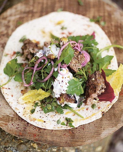 Grilled lamb kofta kebabs with pistachios & spicy salad wrap