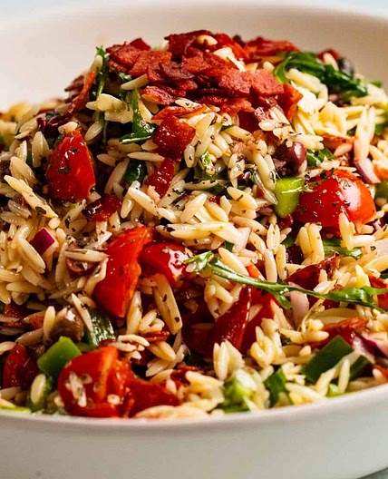 Italian Orzo Salad (Risoni) with Crispy Salami Bits