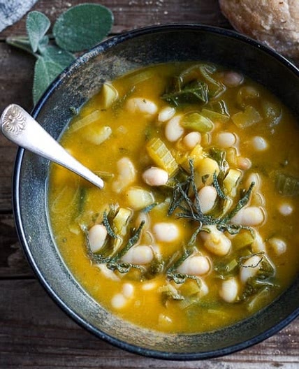 Pumpkin Soup with Leeks, Kale & White beans