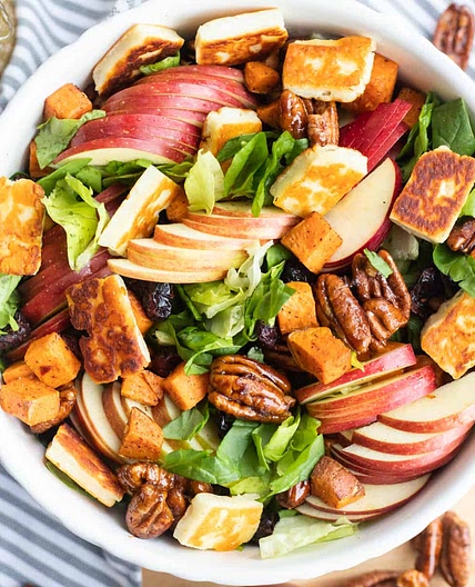 Halloumi Salad with Apples and Sweet Potatoes