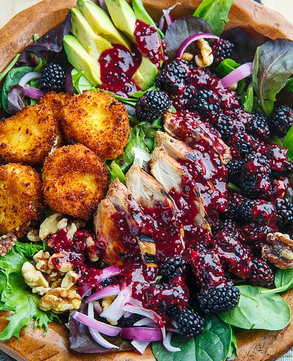 Blackberry Balsamic Grilled Chicken Salad with Crispy Fried Goat Cheese