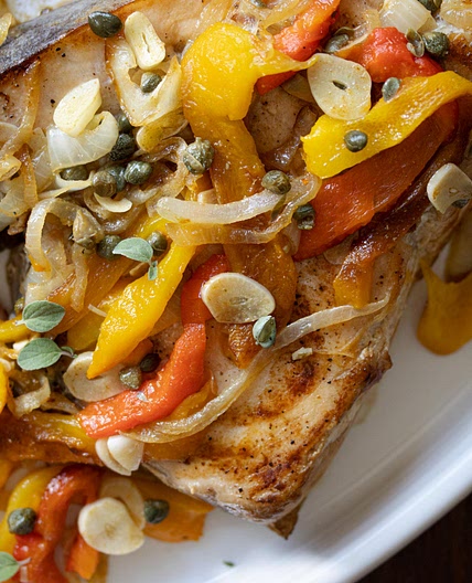 Swordfish with Onions & Roasted Bell Peppers