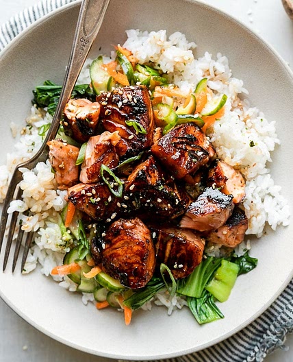 Soy-Glazed Seared Salmon Rice Bowls with Namasu