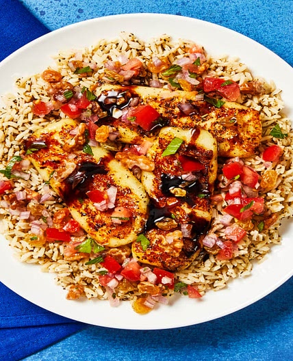 Spicy Balsamic-Glazed Grilling Cheese over Rice with Tomato-Walnut Relish