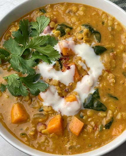 Red Curry Lentils With Sweet Potatoes And Spinach