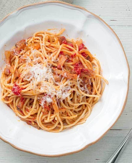 Spaghetti Amatriciana (Spaghetti with guanciale and tomato)