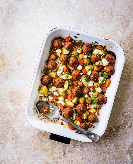 Chorizo meatball and feta traybake