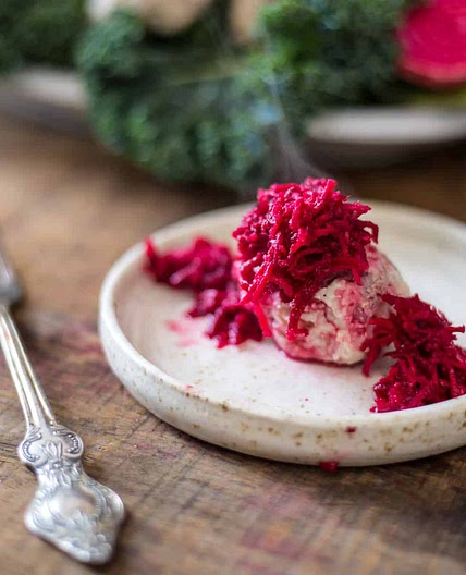 Polish gefilte fish and beetroot horseradish chrein