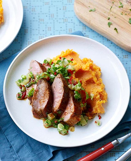 Jerk pork with sweet potato mash
