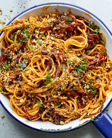Sticky Harissa Onion Linguine With Dukkah Breadcrumbs