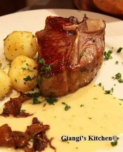 Pan Fired Lamb Chops with Garlic Cream and Porcini Mushrooms