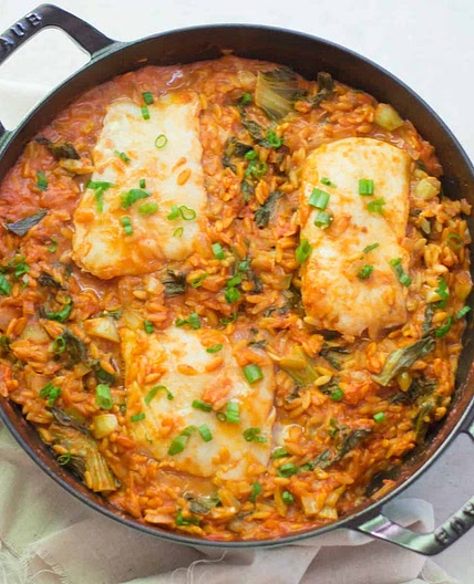 Poached cod with creamy orzo