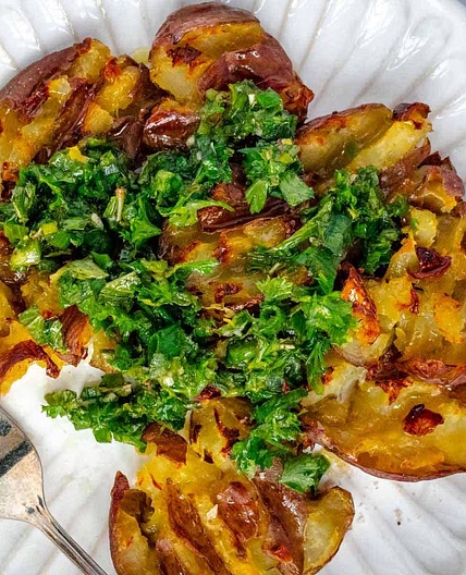 Crispy Smashed Potatoes Recipe With Garlic Herb Chimichurri