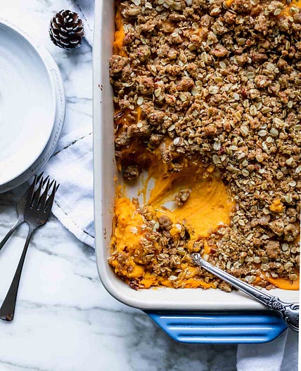 Sweet Potato Casserole with Pecan Oat Topping (No Eggs)