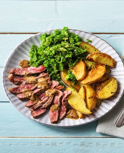 When Steak Met Potatoes and Creamed Kale with Peppercorn Sauce