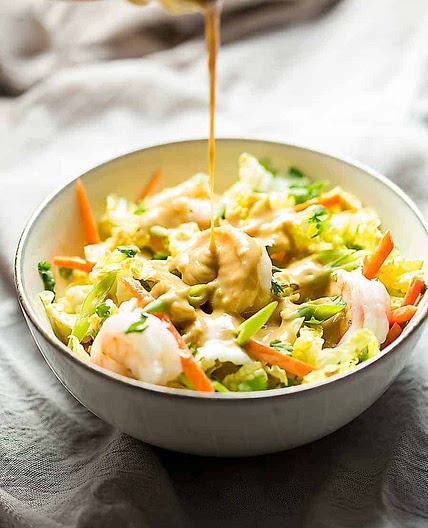 Shrimp Spring Roll Bowl with Peanut Lime Dressing