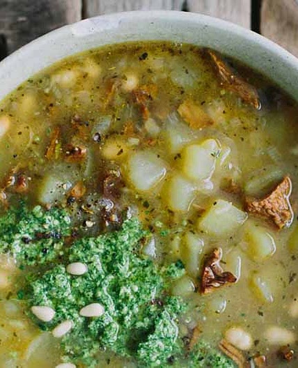Potato and Chanterelle Soup with Fresh Arugula Pesto (Vegan)