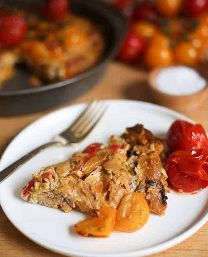 Roasted pepper and tomato vegan quiche with sweet potato crust