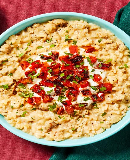 Blistered Tomato & Chicken Sausage Risotto with Whipped Ricotta & Lemon
