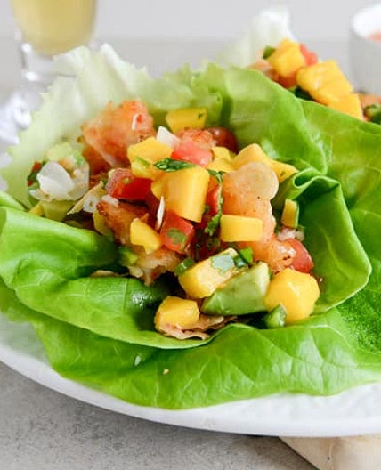 Beer Battered Shrimp Lettuce Wraps with Mango Avocado Salsa