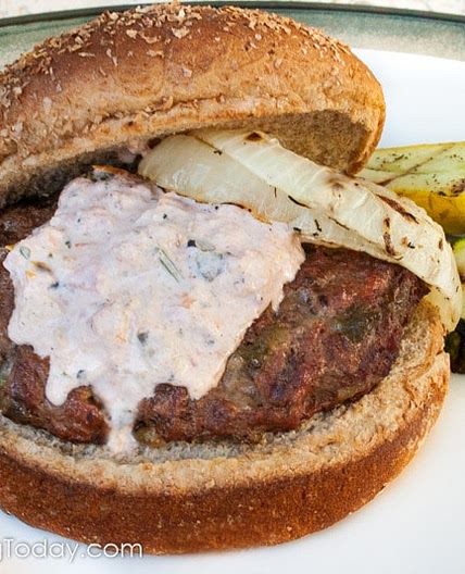 Roasted Green Chile Burgers with Grilled Sweet Onions and Salsa Mayo