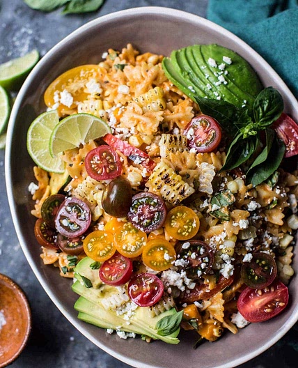 Charred Corn and Zucchini Enchilada Pasta Salad