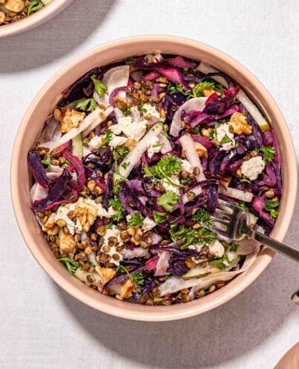 Roasted Red Cabbage Salad with Crispy Lentils