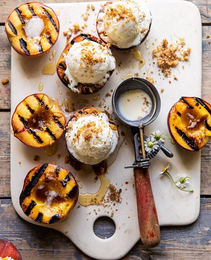 Browned Butter Grilled Peaches with Cinnamon "Toast" Brioche Crumbs