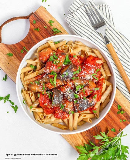 Spicy Eggplant Penne with Garlic and Tomatoes