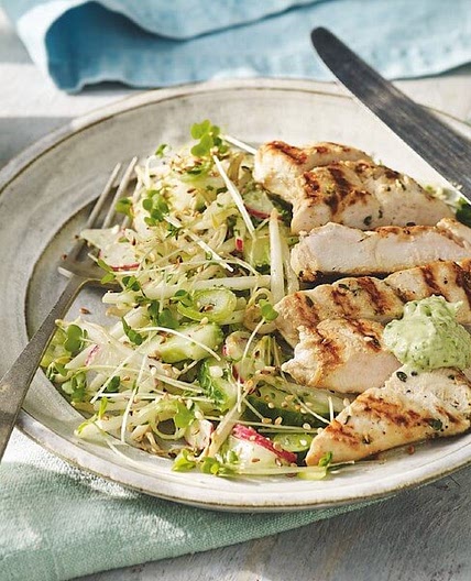 Grilled chicken salad with avocado dressing