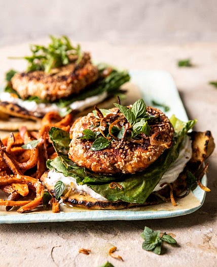 Sesame Crusted Curried Salmon Burgers with Lemony Herbs