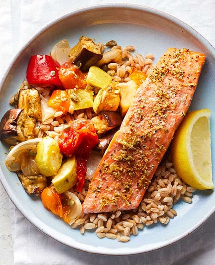 Lemon-Herb Salmon with Caponata & Farro