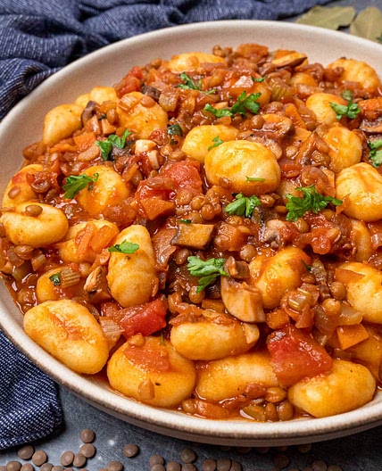 Vegan Gnocchi Ragu with Mushrooms and Lentils