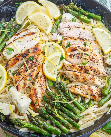 Creamy Lemon Grilled Chicken, Asparagus and Artichoke Pasta
