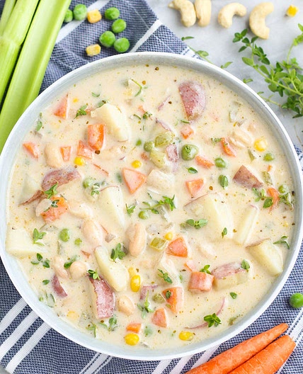 Creamy Vegan Cashew, Potato & White Bean Soup with Mixed Vegetables