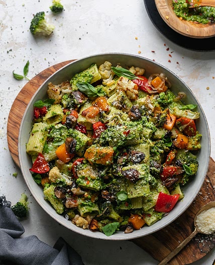 Broccoli Pesto Pasta with Roasted Vegetables