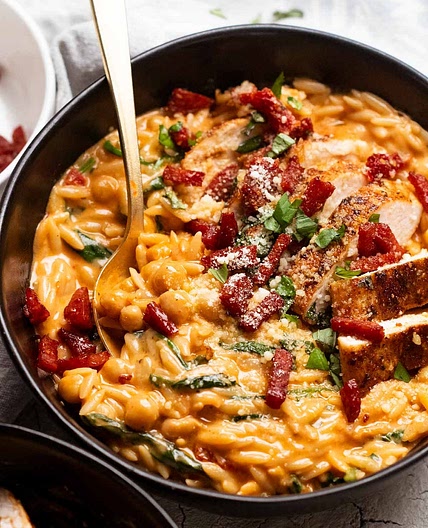 One pot chicken risoni with crispy salami (orzo)