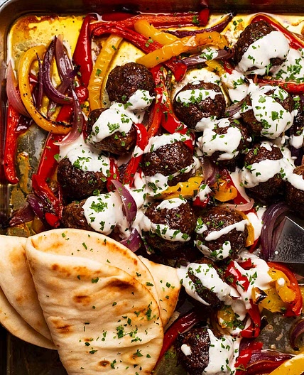 Tray bake dinner: lamb kofta meatballs