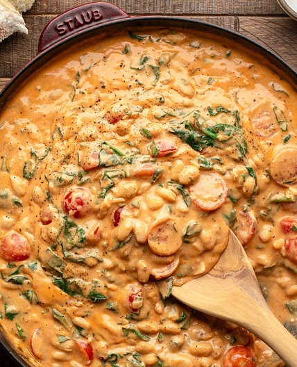 Creamy Skillet White Beans with Spinach and Basil