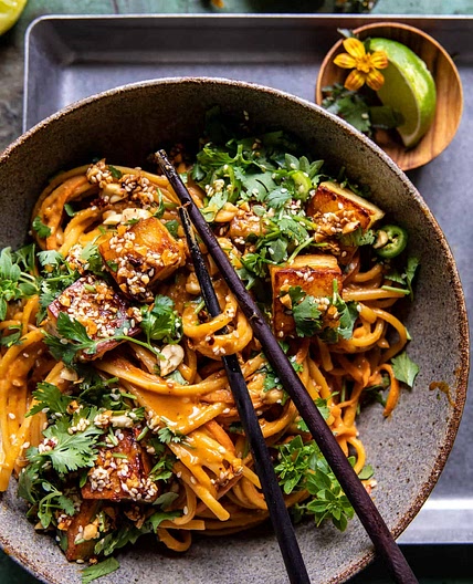 Chili Crisp Peanut Noodles with Crispy Halloumi