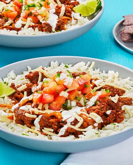 San Antonio Beef Bowls with Blue Corn Tortilla Chips, Fresh Salsa & Lime Crema