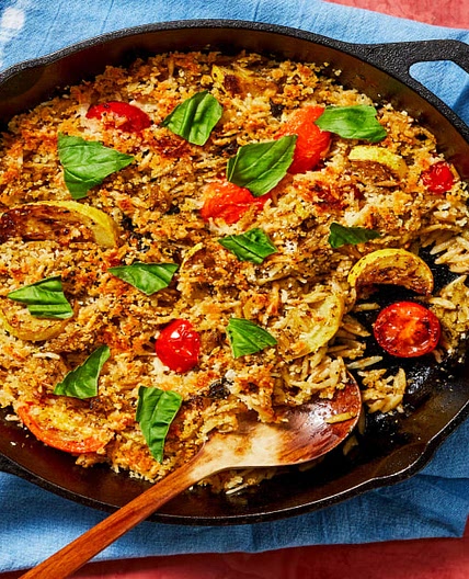 Cheesy Pesto Orzotto with Heirloom Tomatoes and Yellow Squash