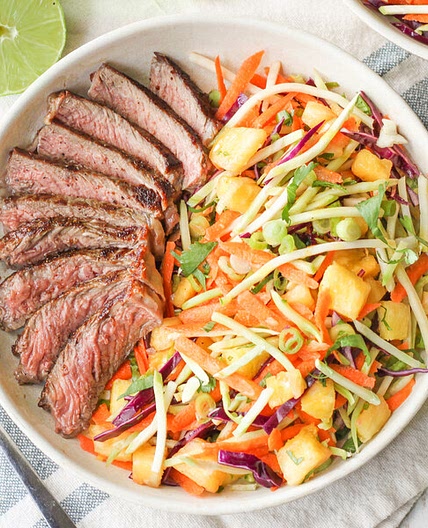 Grilled Sirloin Steak with Pineapple, Carrot, Cilantro & Broccoli Slaw