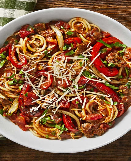 Tuscan Sausage and Pepper Spaghetti with Tomatoes and Parmesan