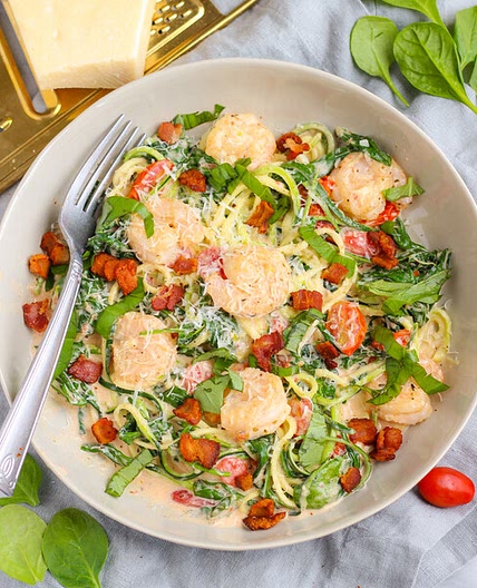 Creamy Tuscan Shrimp with Bacon, Tomatoes, Spinach & Zucchini Noodles
