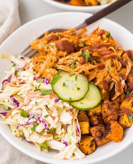 BBQ Chicken Bowls with Sweet Potatoes, Coleslaw, and Pickles
